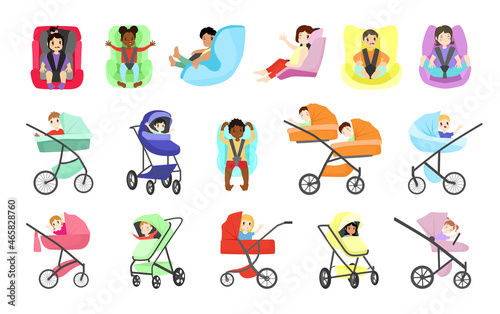 Children in strollers and car seats. Colorful vector set with baby characters.