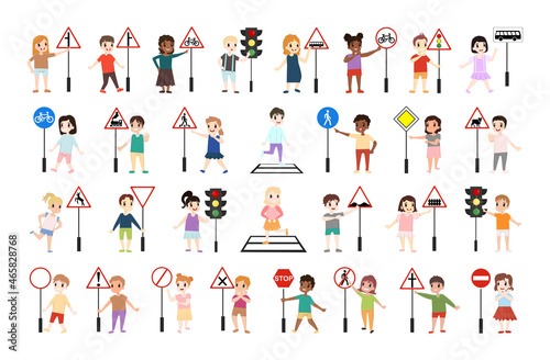 Collection of illustrations with children and road signs. Studying the rules of the road.