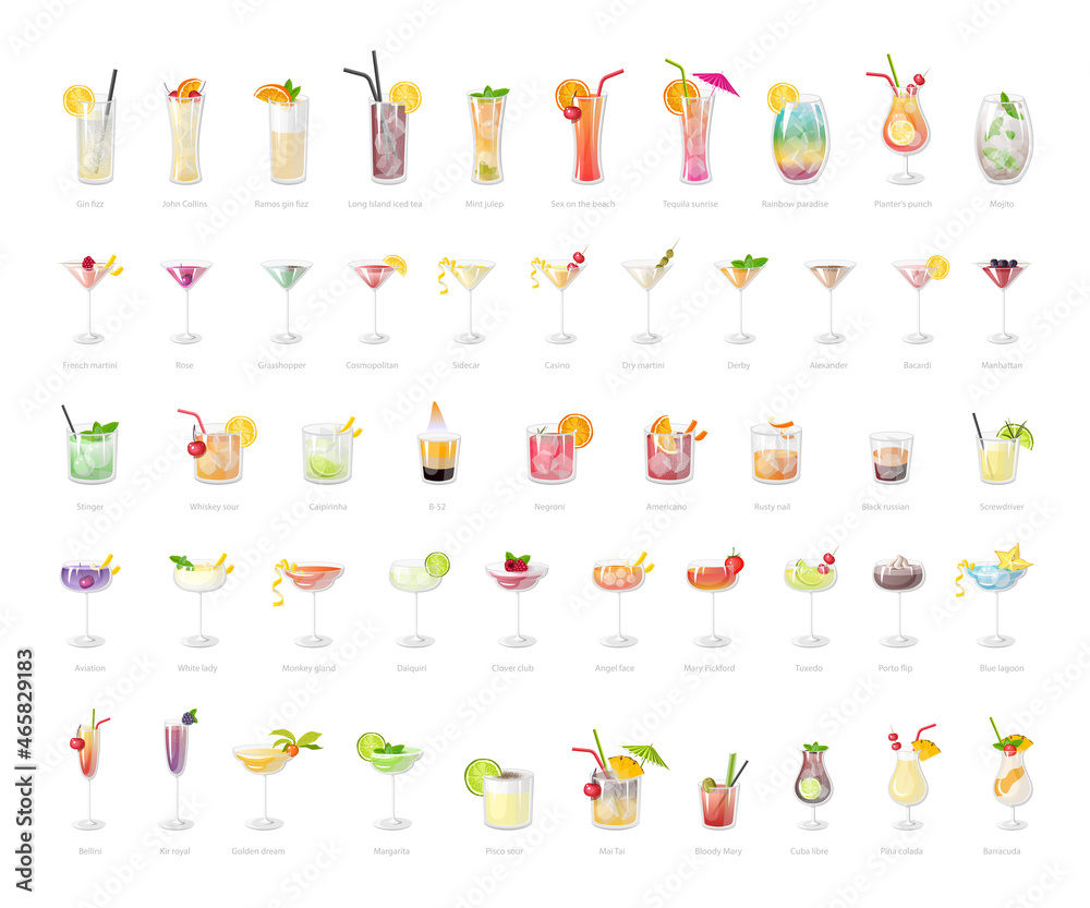 Collection of realistic cocktails. - obrazy, fototapety, plakaty 