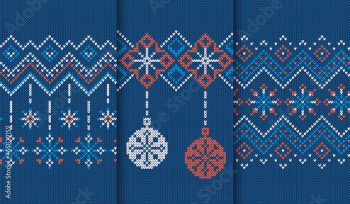 Knit seamless pattern. Christmas blue textures. Set knitted frames. Holiday background. Fair isle traditional ornament. Xmas print. Festive sweater border. Vector illustration.