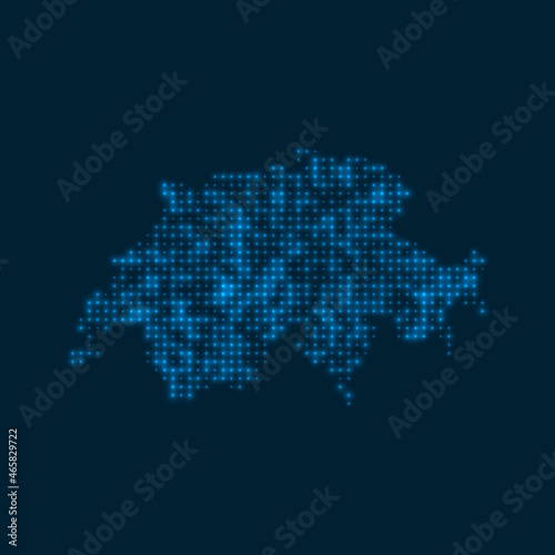 Switzerland dotted glowing map. Shape of the country with blue bright bulbs. Vector illustration.