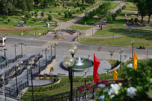 View of Podnicoler Recreation Park from above, decorated with festive flags and flowers in the summer. Mogilev, Belarus - June, 21 2021. photo