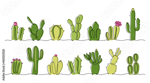 Continuous line succulent. One line collection of doodle interior decoration exotic plants in pots, exotic Mexican wester desert botanical collection. Vector set