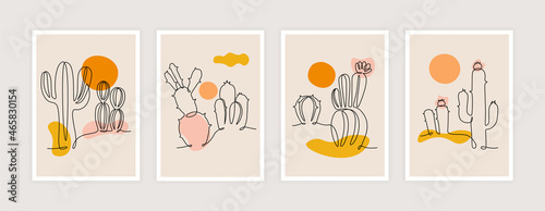 Line art cactus posters. Abstract contemporary banners with continuous line exotic desert plant, modern trendy placard with one line succulent. Vector set