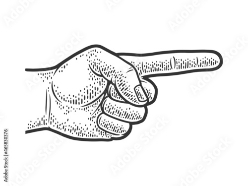 hand pointer points with index finger sketch engraving vector illustration. T-shirt apparel print design. Scratch board imitation. Black and white hand drawn image.