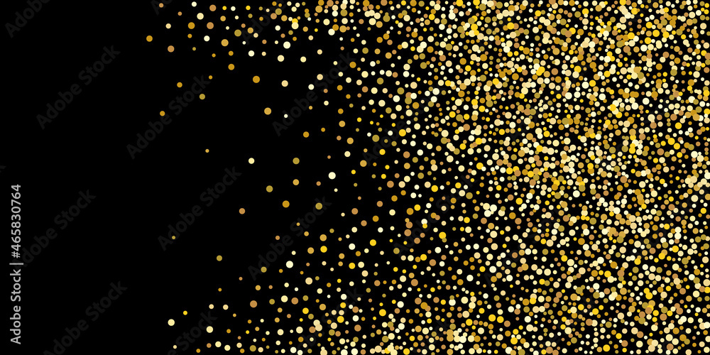 Golden point confetti on a black background. Illustration of a drop of shiny particles. Decorative element. Element of design. Vector illustration, EPS 10.