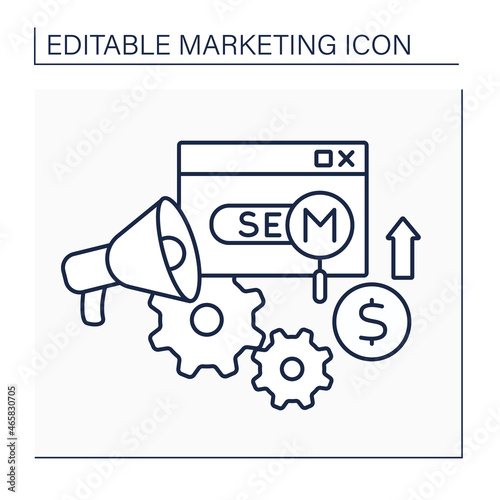 SEM line icon. Search Engine Marketing. Setting up and optimizing ads. Higher placement on search engines.Marketing concept. Isolated vector illustration. Editable stroke photo