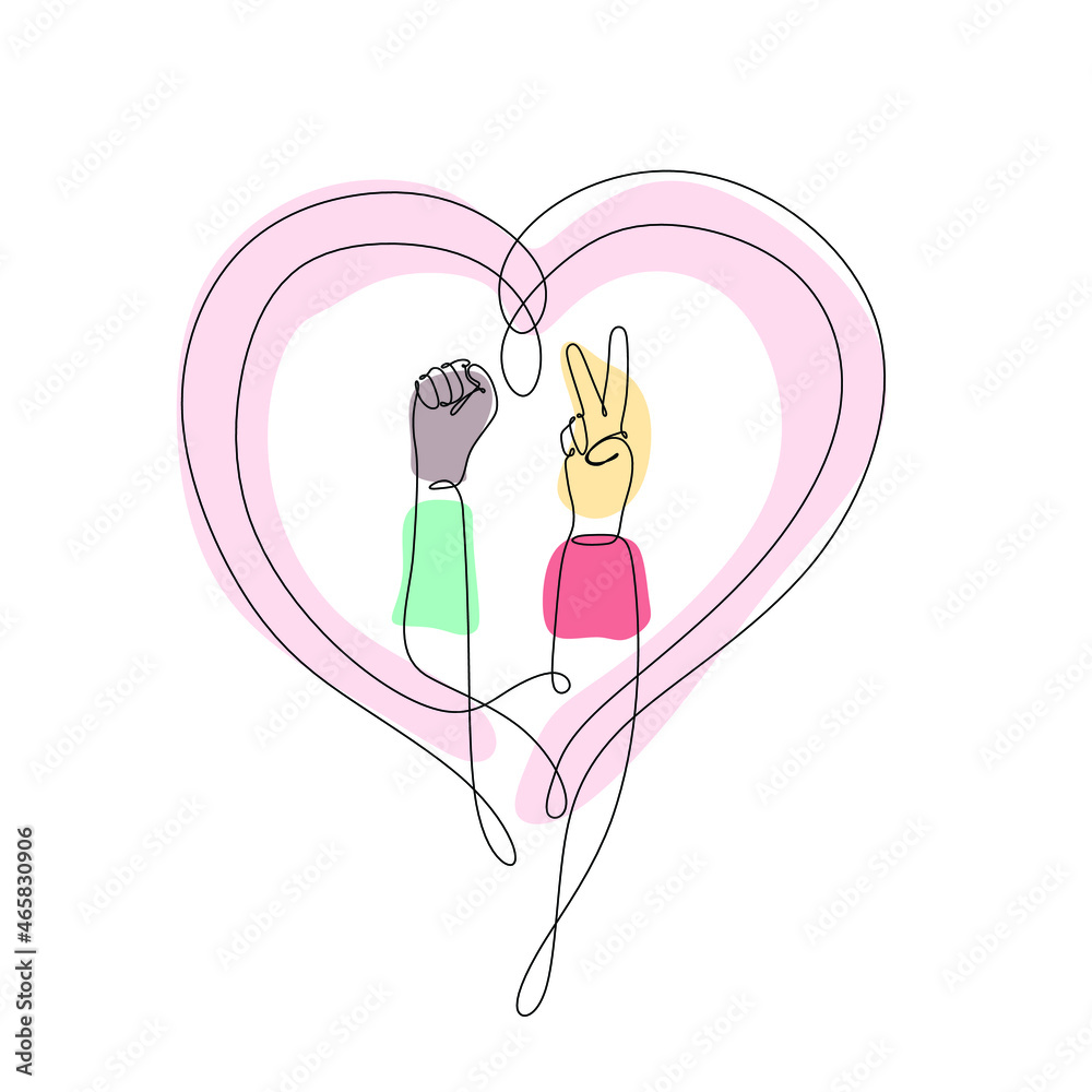 Inclusion and diversity concept. The hand shows the sign of peace and the hand is clenched into a fist. A sign of protest and struggle for rights. Inclusion and diversity concept. The hand shows the sign of peace and the hand is clenched into a fist. A sign of protest and struggle for rights.