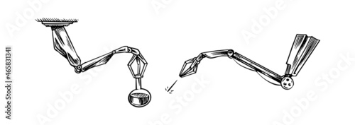 Robot arms. Manufacturing automation technology for Car factory emblem. Manufacturing tech machines. Modern Automatic industry. Engraved hand drawn old sketch.