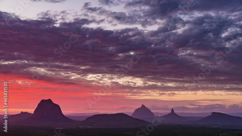 Time Lapse Glass House Mountains, Sunshine coast, Queensland, Australia, Mount Beerwah, Mount Tibrogargan, Mount Coonowrin, Gubbi Gubbi, Jinibara, Kabi Kabi Aborigine Sacred place Bora Ring photo