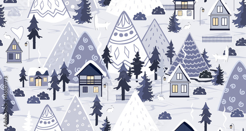 Winter seamless pattern. Cute houses, mountains and trees landscape. Cartoon Xmas vector background