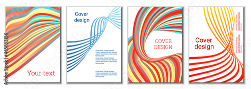 A set of 4 abstract covers. Wavy parallel gradient lines, ribbons evolve. Cover design, background. Trendy banner, poster.