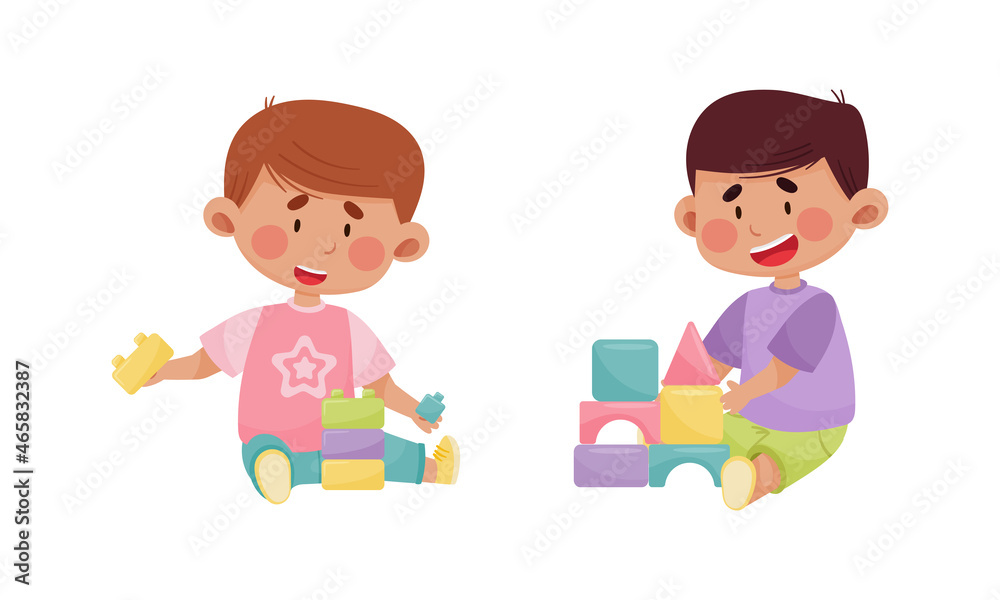 Little Boy Playing with Toy Blocks and Pyramid in Playroom Vector Set Little Boy Playing with Toy Blocks and Pyramid in Playroom Vector Set