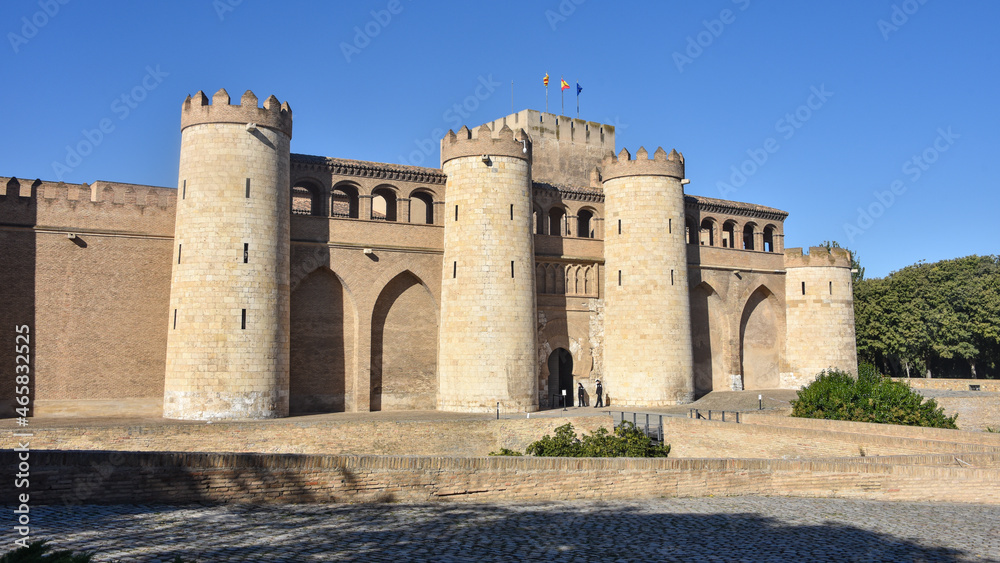 Zaragoza, Spain - 23 Oct, 2021: Exterior walls of the Palacio de la Aljaferia, Zaragoza