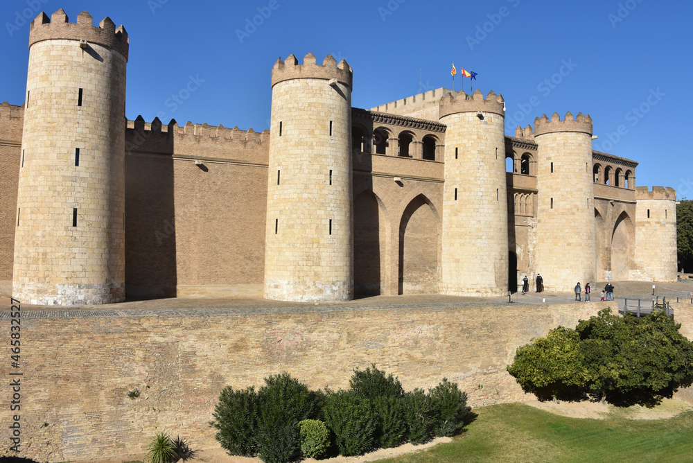 Zaragoza, Spain - 23 Oct, 2021: Exterior walls of the Palacio de la Aljaferia, Zaragoza