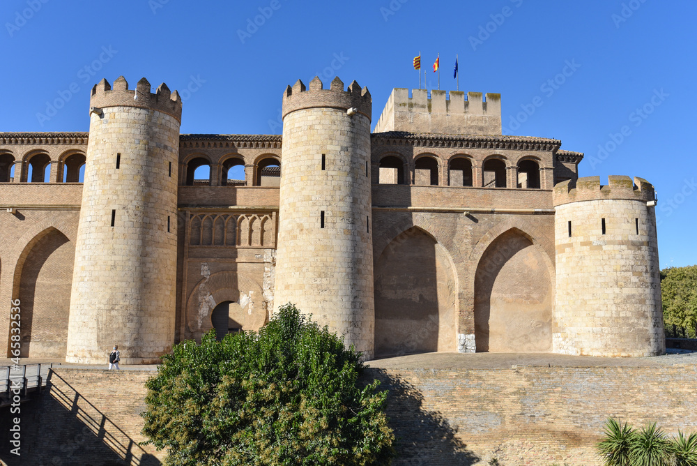 Zaragoza, Spain - 23 Oct, 2021: Exterior walls of the Palacio de la Aljaferia, Zaragoza