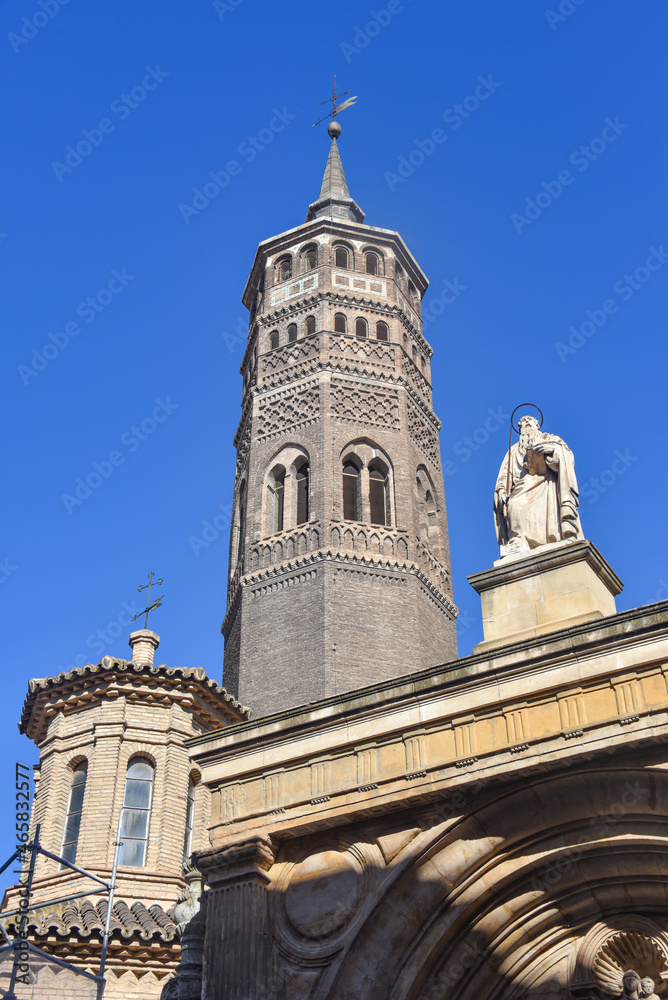 Zaragoza, Spain - 23 Oct, 2021: St. Pablo Church and it's Mudejar Steeple, San Pablo quarter, Saragossa (Zaragoza), Aragon, Spain