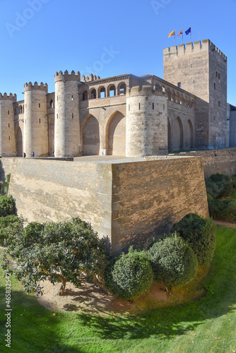 Zaragoza, Spain - 23 Oct, 2021: Exterior walls of the Palacio de la Aljaferia, Zaragoza