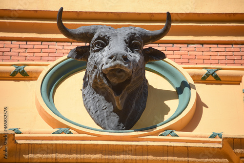 Zaragoza, Spain - 23 Oct, 2021: Details on the exterior walls of the Plaza de Toros bullring photo