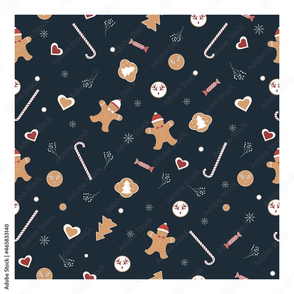 Seamless vector festive Christmas pattern on a blue background. Christmas fairy-tale texture with funny gingerbread, gingerbread man, sweets, sweets, gingerbread with a deer. For packaging, décor