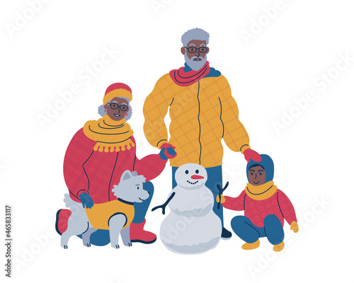 Family time together outside during winter. Isolated vector illustration.