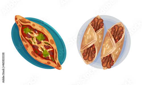 Turkish National Food with Pide Pizza with Forcemeat Above View Vector Set