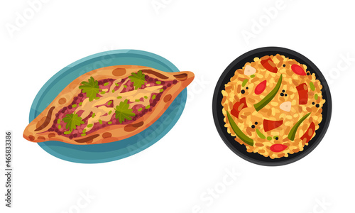 Turkish National Food with Pide Pizza and Pilaf with Vegetables Above View Vector Set