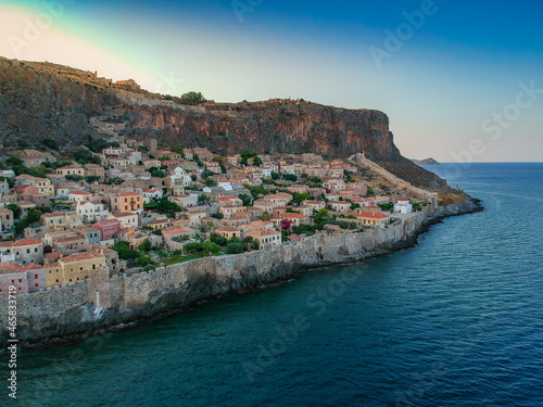 Aerial view of the old medieval castle town of Monemvasia in Lakonia of Peloponnese, Greece. Monemvasia is often called The Greek Gibraltar.