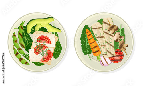 Grilled Vegetables and Sandwich with Tofu Soy Cheese as Vegetarian Dish Above View Vector Set