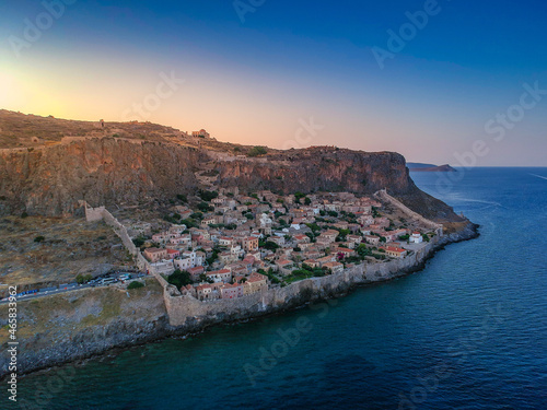 Aerial view of the old medieval castle town of Monemvasia in Lakonia of Peloponnese, Greece. Monemvasia is often called The Greek Gibraltar.
