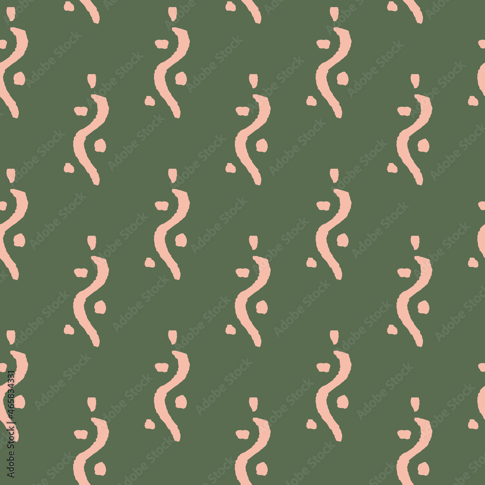 Minimal ethnic pattern repeat with hand drawn curve snake stripes in pink over green background. Boho seamless vector illustration print design. Great for home wear, carpets and ethnic boho projects Minimal ethnic pattern repeat with hand drawn curve snake stripes in pink over green background. Boho seamless vector illustration print design. Great for home wear, carpets and ethnic boho projects
