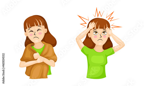 Young Woman Having Headache and Fever Suffering from Coronavirus Symptom Vector Set