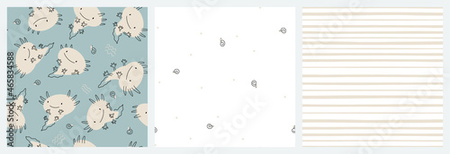 Cute happy axolotl vector seamless pattern for baby boy clothing.
