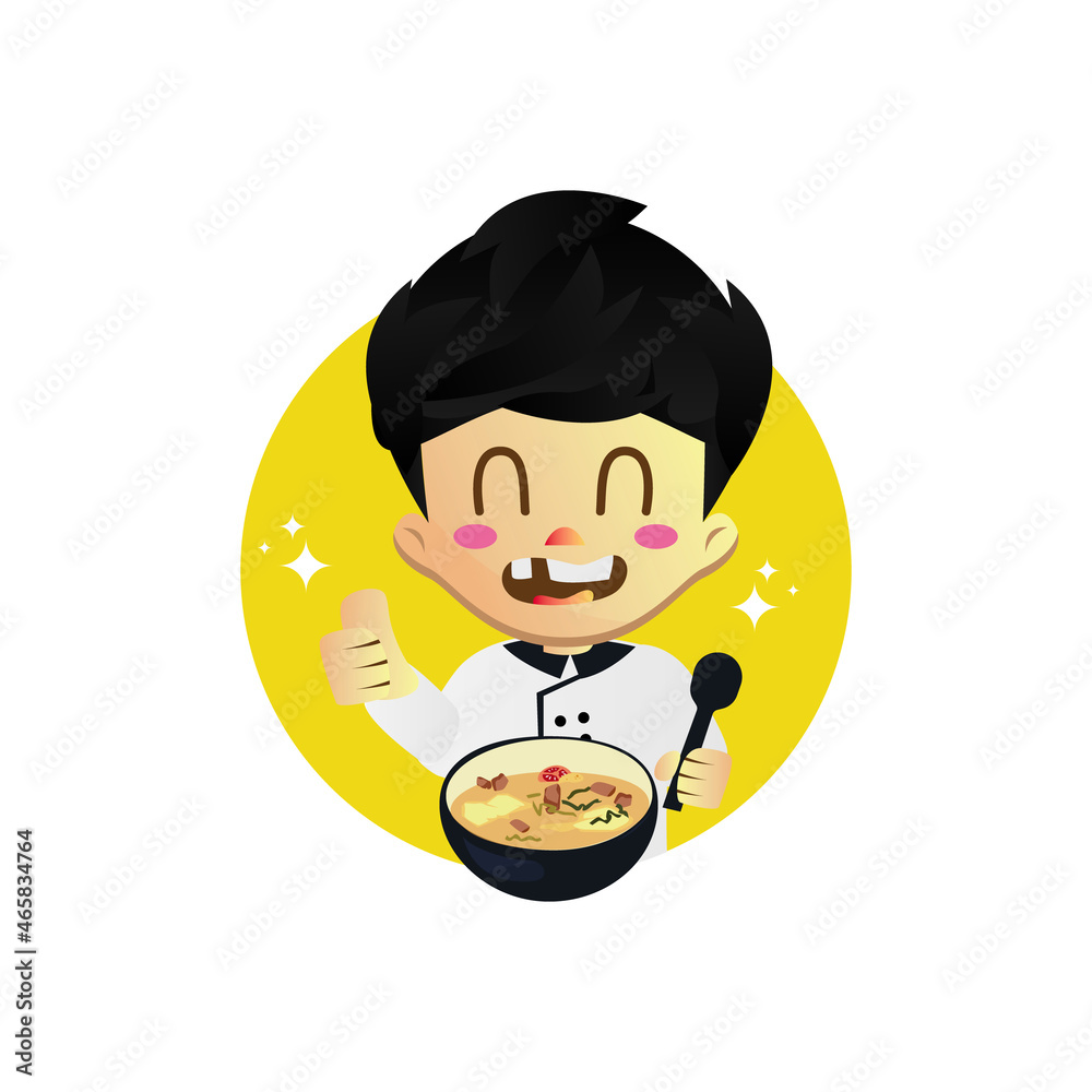 Cute illustration chef boy eat indonesia soup beef food
