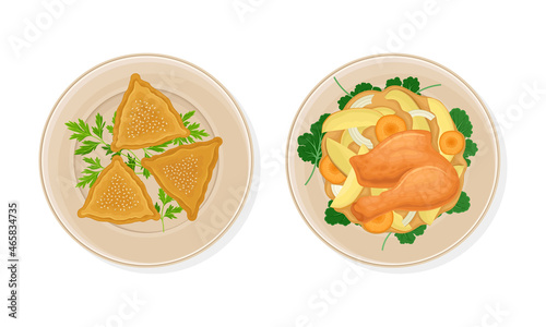 Traditional Dish of Uzbek Cuisine with Stuffed Pastry and Meat Gravy Served on Plate Above View Vector Set