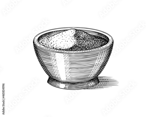Chia seeds in a bowl. Salvia hispanica. Spice in a saucer. Condiment or flavoring or granule or grain. Engraved hand drawn in old sketch and vintage style.
