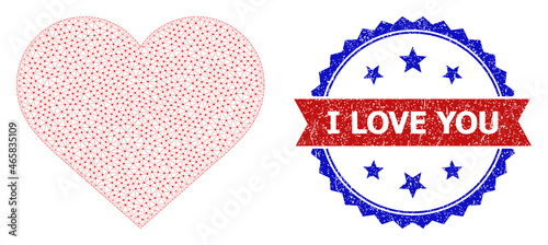 I Love You corroded seal print, and love heart icon mesh structure. Red and blue bicolored stamp contains I Love You title inside ribbon and rosette. Abstract flat mesh love heart,
