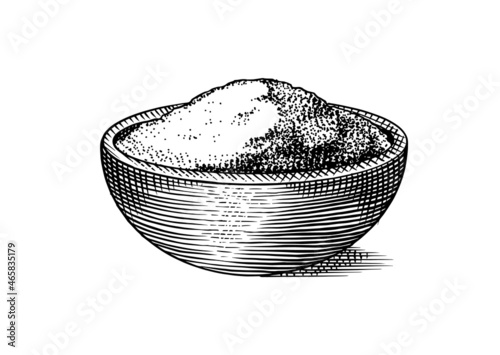 Bowl with sea salt. Spice in natural packaging. Flavoring or saline. Vintage background banner. Engraved hand drawn old sketch. 