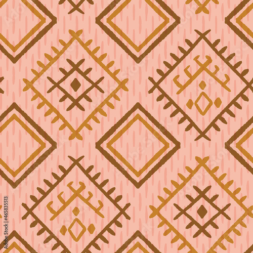 Geometric berber rug pattern repeat with hand drawn ethnic diamonds in blush pink, ochre and brown over textured background. Seamless vector illustration print design. Great for home wear, carpets and