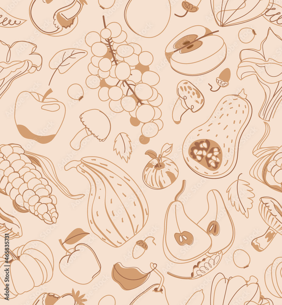Decorative seamless harvest pattern with linear pumpkin, mushroom, grape, apples and pears on beige background. Vector illustration. Decorative seamless harvest pattern with linear pumpkin, mushroom, grape, apples and pears on beige background. Vector illustration.