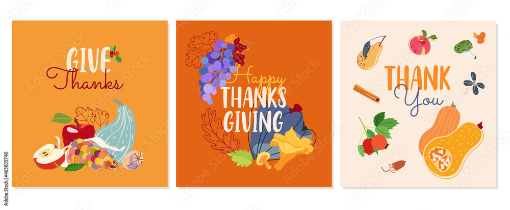 Thanksgiving square template, poster, banner, invitation, greeting card, flyer set. Modern vector illustration with pumpkin, mushroom, fruits