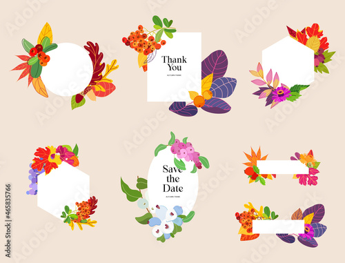 Set autumn frame of colorful leaves  fruits and berry for banner design  greeting card  email. Modern vector design element. Thanksgiving day. Frame template