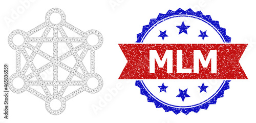 Mlm scratched seal, and network relations icon net model. Red and blue bicolor stamp seal includes Mlm tag inside ribbon and rosette. Abstract flat mesh network relations, built from flat mesh.