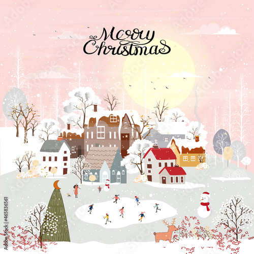 Winter landscape, Celebrating Christmas and new Year 2022 in village at night with happy people playing playing ice skates in the park,Vector of horizontal banner winter wonderland in countryside