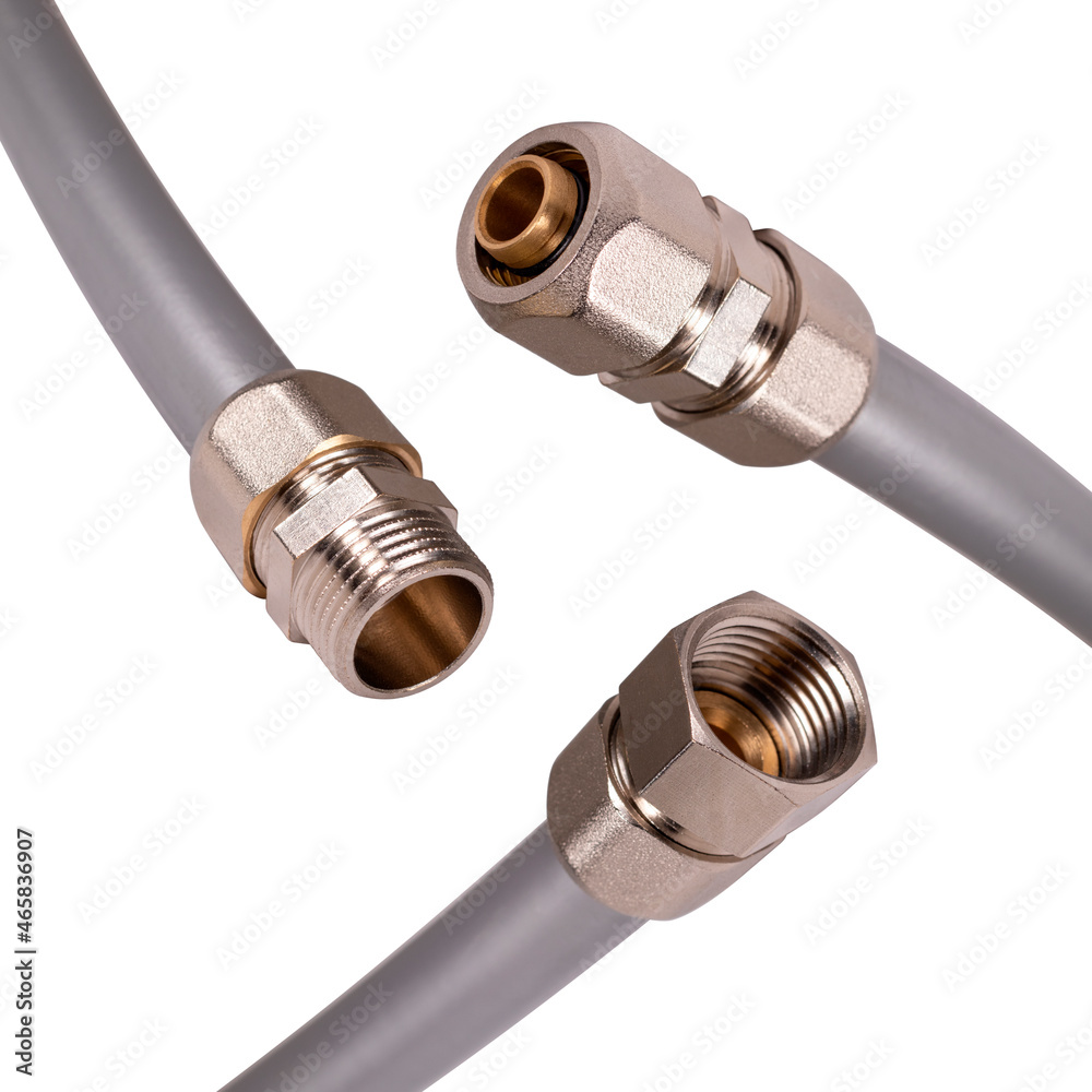 Different types of compression fitting on pvc pipes. Isolated on white ...