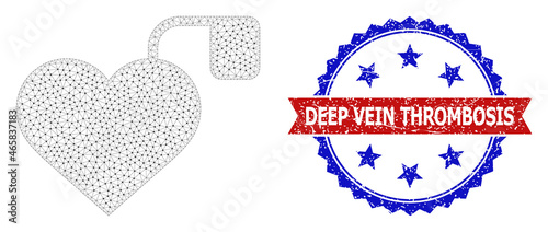 Deep Vein Thrombosis rubber stamp seal, and pacemaker icon mesh model. Red and blue bicolored stamp contains Deep Vein Thrombosis text inside ribbon and rosette. Abstract flat mesh pacemaker,