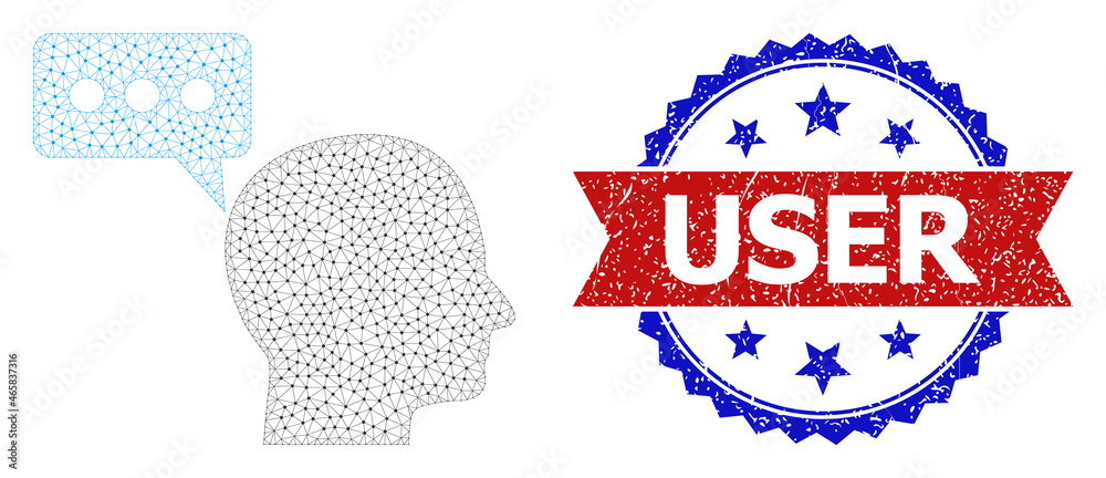 User grunge stamp, and personal opinion icon net model. Red and blue bicolor stamp seal contains User caption inside ribbon and rosette. Abstract flat mesh personal opinion, designed with flat mesh.