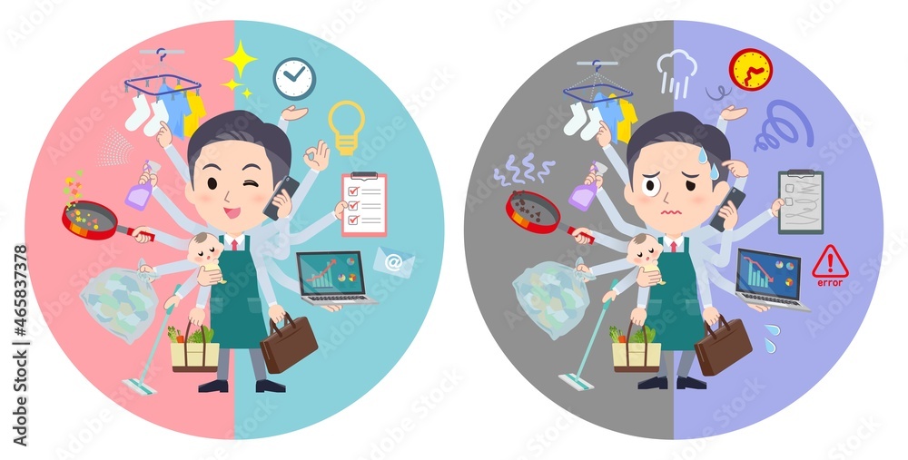 オフィスとプライベートでマルチタスクをこなすスーパーマーケット店員男性のセット