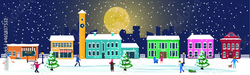 winter city, walking people, houses under the moon. Vector
