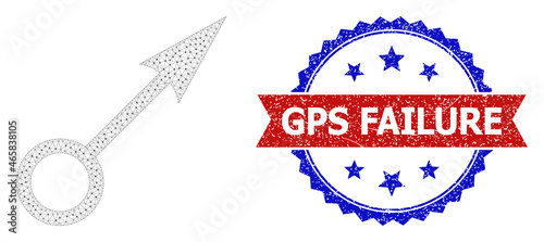 GPS Failure textured seal, and point direction icon mesh structure. Red and blue bicolor stamp seal contains GPS Failure title inside ribbon and rosette. Abstract 2d mesh point direction,